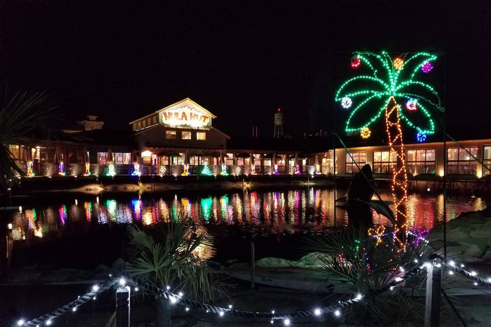 Colorful lighting across the property