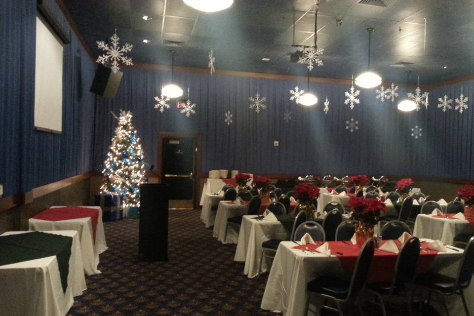 The Midway Party Room
40-100 guests. Flat room rental fee that covers exclusive use of the room for up to 5 hours, all Audio Visual, tables, linens of your choices, chairs, and some decor.
*Picture depicted is during Holiday season*