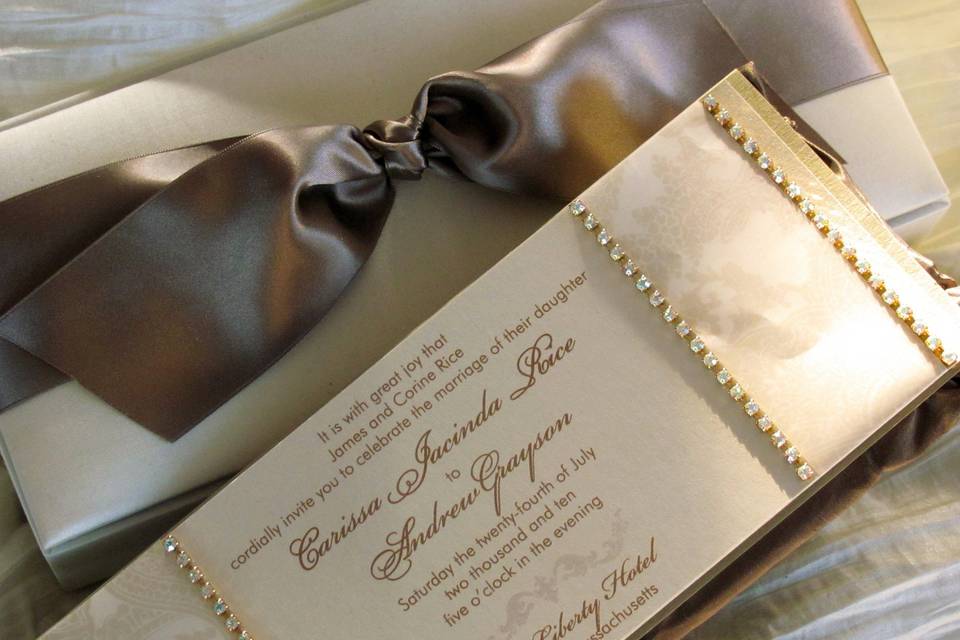 From intimate settings to grand galas, style and sophistication are paramount in our custom designs.  Shown here a custom silk box in Ivory with imported Swiss satin ribbon wrap, with custom-designed invitation dripping in Swarovski crystal.