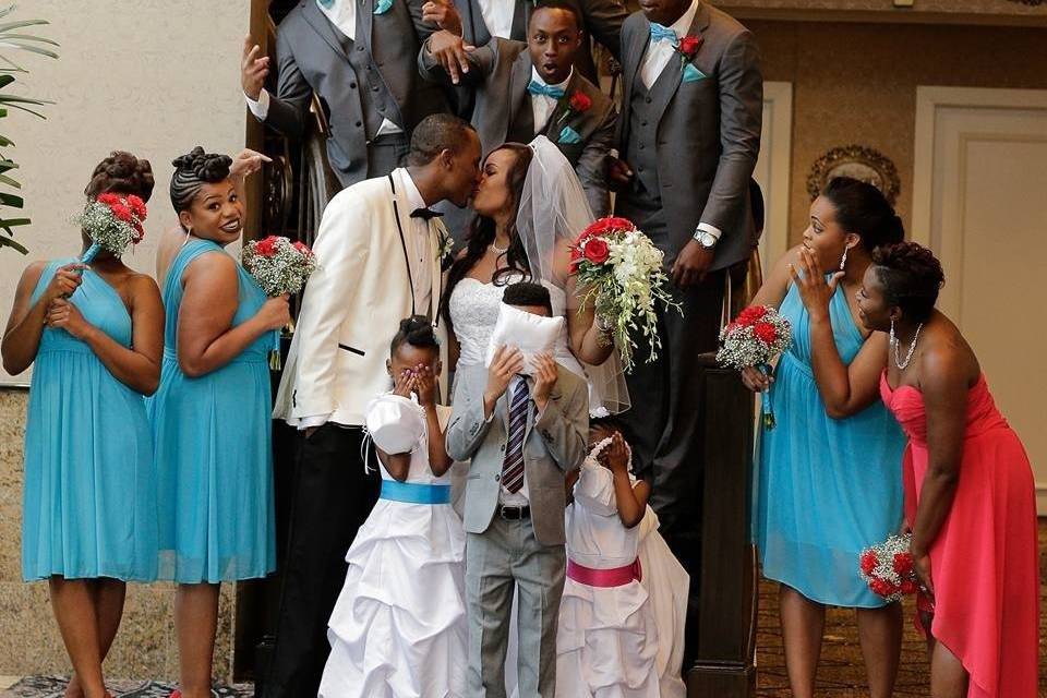 Newlyweds and their wedding party