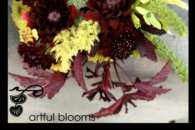 Nature Inspired bouquet with antique yellow zinnias, nicotinia, chartruese celosia, burgundy hibiscus,ebony scabiosa and sedum organic