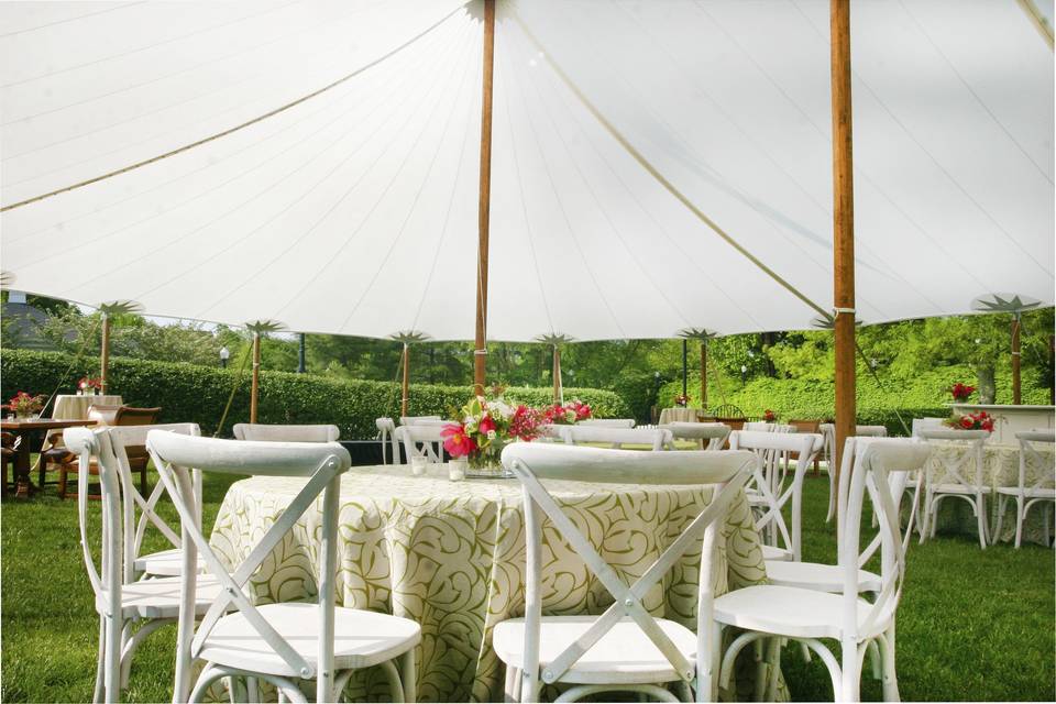 Whitewash vineyard chairs and green linens