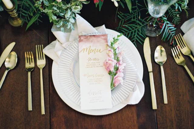 Gold flatware with our white ming dinner plates and glass ridged salad plate