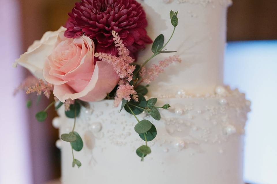 Two-tiered pearled cake