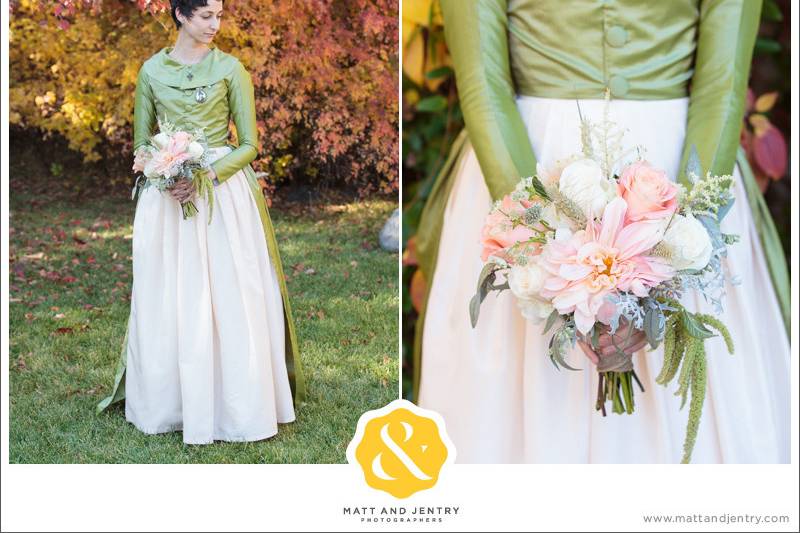 Bridesmaid Bouquet of Café au Lait Dahlia, Dusty Miller, Roses, Wheat, Seeded Eucalyptus, and Hanging Amaranthus
A Floral Affair, Matt & Jentry Photography