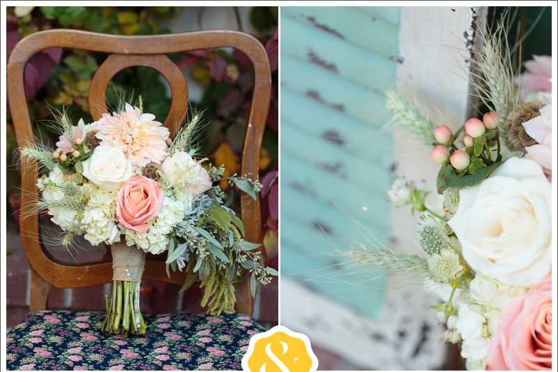 Bridal Bouquet of Café au Lait Dahlia, Dusty Miller, Roses, Scabiosa Pod, Hypericum Berry, Wheat, Seeded Eucalyptus, and Hanging Amaranthus
A Floral Affair, Matt & Jentry Photography