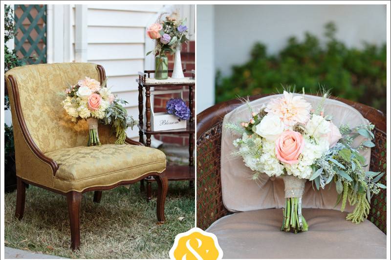 Bridal Bouquet of Café au Lait Dahlia, Dusty Miller, Roses, Scabiosa Pod, Hypericum Berry, Wheat, Seeded Eucalyptus, and Hanging Amaranthus
A Floral Affair, Matt & Jentry Photography