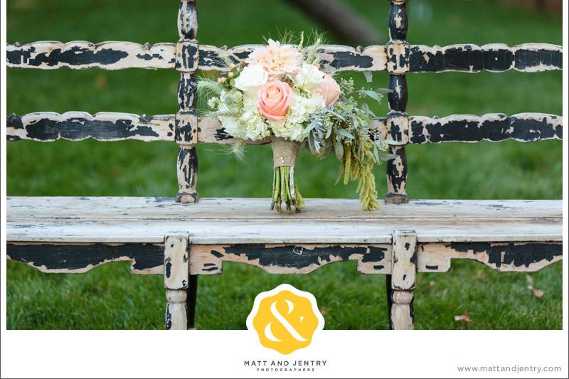 Bridal Bouquet of Café au Lait Dahlia, Dusty Miller, Roses, Scabiosa Pod, Hypericum Berry, Wheat, Seeded Eucalyptus, and Hanging Amaranthus
A Floral Affair, Matt & Jentry Photography