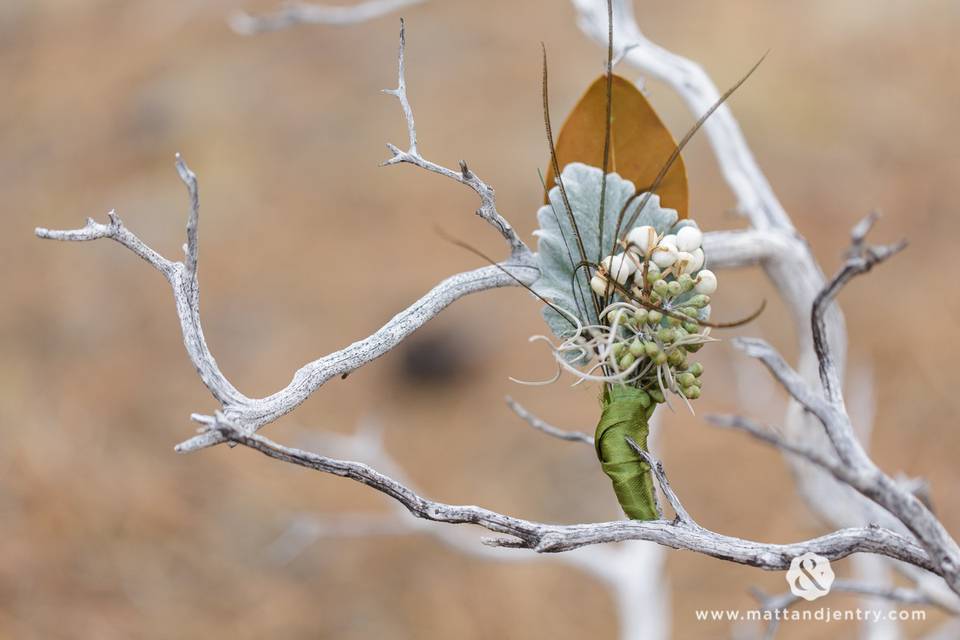 Boutonniere of Magnolia Leaf, Dusty Miller, Seeded Eucalyptus, Peacock Feather, Spanish Moss
A Floral Affair, Matt & Jentry Photography