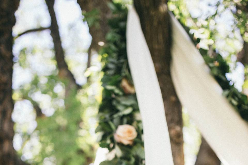 Ceremony Tree Garland and Drapery
Mother of Pearl Roses, Eucalyptus
Floral by A Floral Affair
Photo by Camilla Hancock