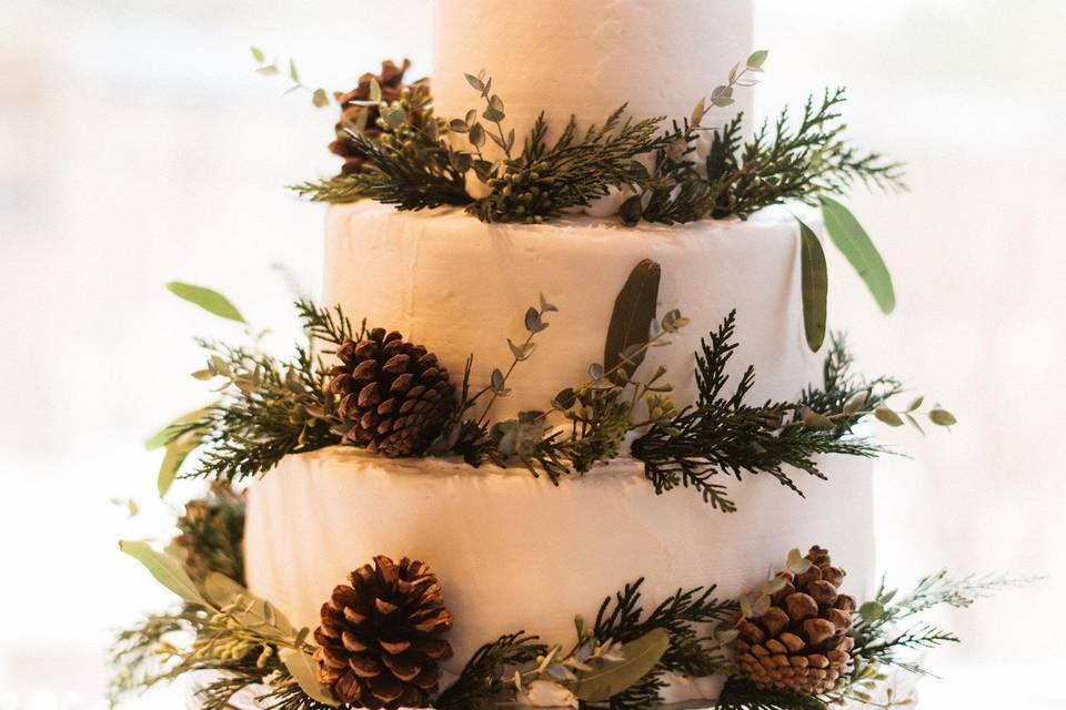 Cake with Pinecone, Eucalyptus, and Evergreen
Floral by A Floral Affair
Photo by Chris Glenn Photography