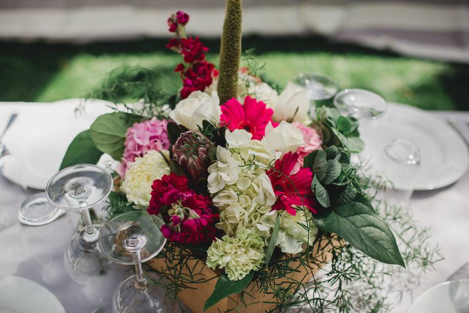 Wooden Box Guest Centerpiece
Hydrangea, Stock, Millet, Gerbera Daisy
Floral by A Floral Affair
Photo by AnnaMae Photo