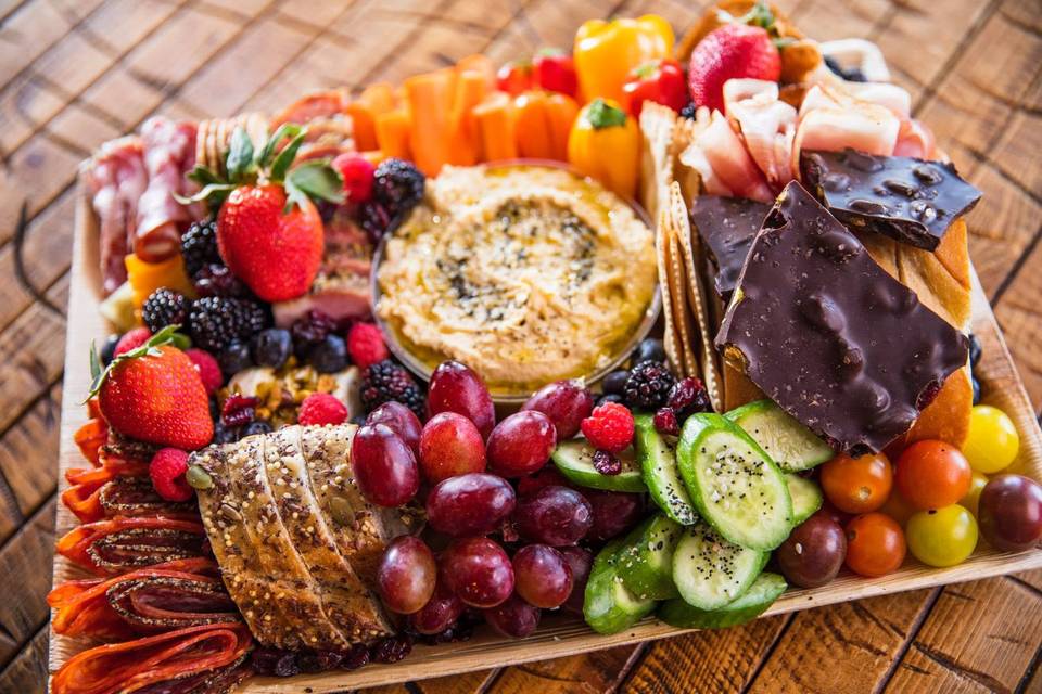Closeup of chocolate, fruit, meat, and cheese