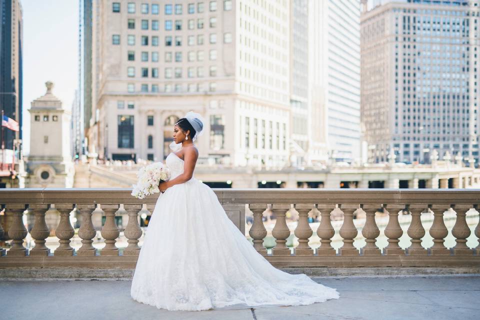 Beautiful bride and backdrop