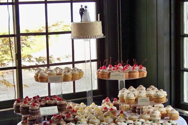 This presentation includes 6 different flavors of cupcakes, each garnished with a hint of what is inside.  The cupcakes and a small round cake for the bride and groom are arranged on 