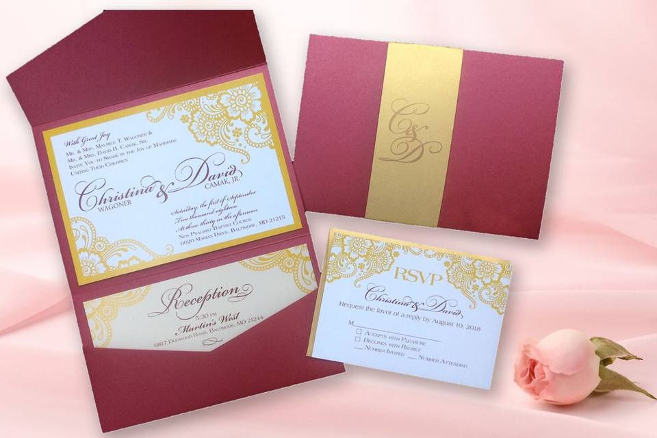Pocket folder with invite attached and bellyband, rsvp card