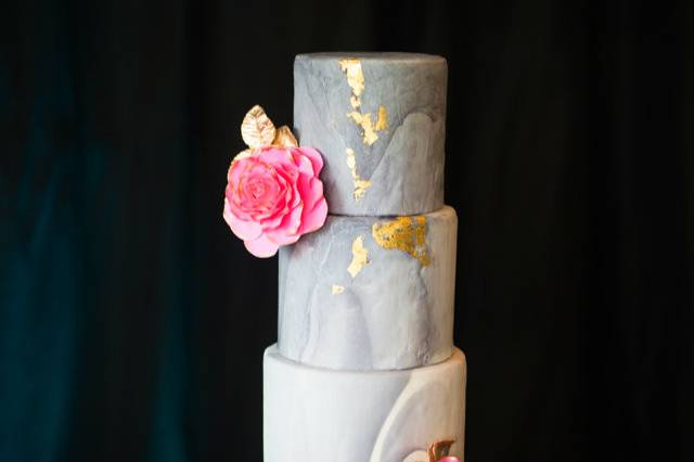 Modern Grey and White Marble Wedding Cake with Gold Leaf