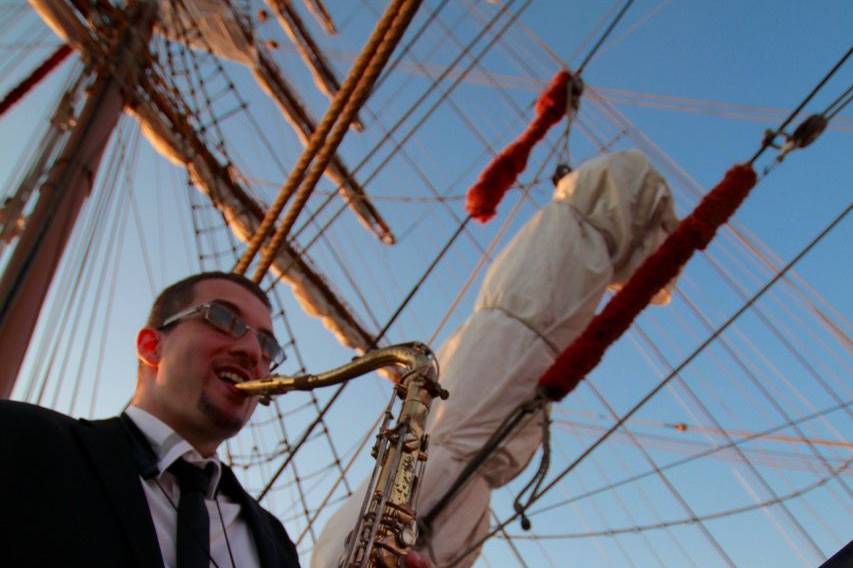 Jazz quintet performing at a corporate event on board of sailing yacht Nostra Signora del Vento