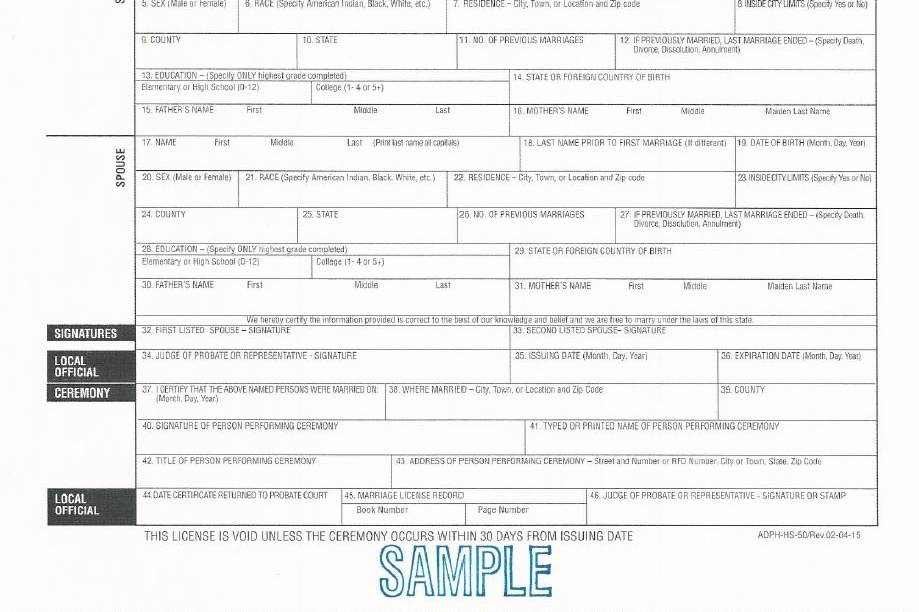 Sample Wedding License, Call Madison County Court House for License Information - 256-532-3342