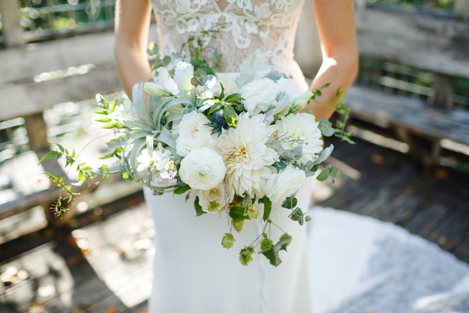 Lace gown and white bouquet