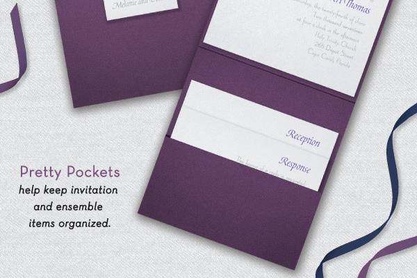Pretty pocket designs present your invitation and hold all your accessories.