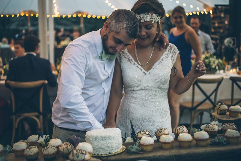 Cutting their wedding cake