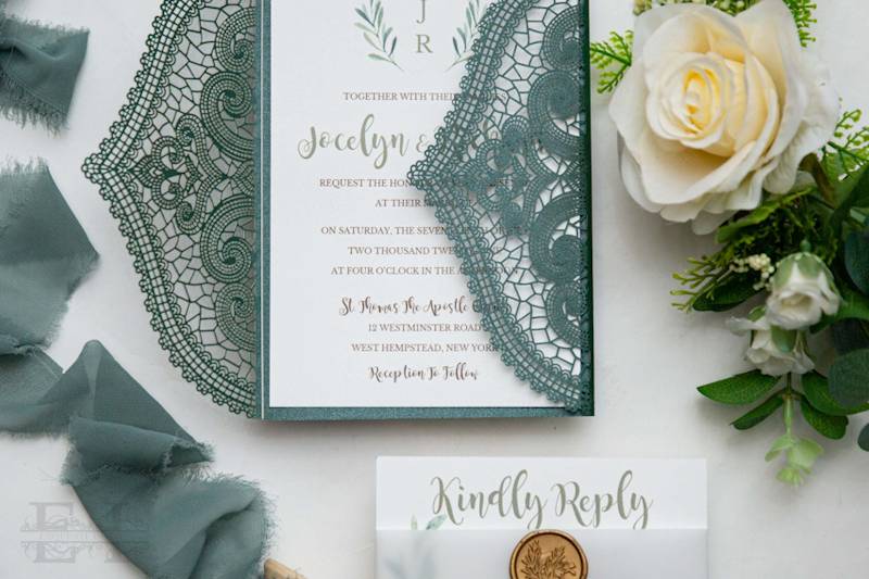 Emerald Laser Cut Lace Invite