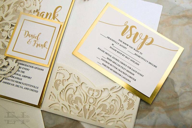 Ivory & Gold Laser Cut Pocket RSVP