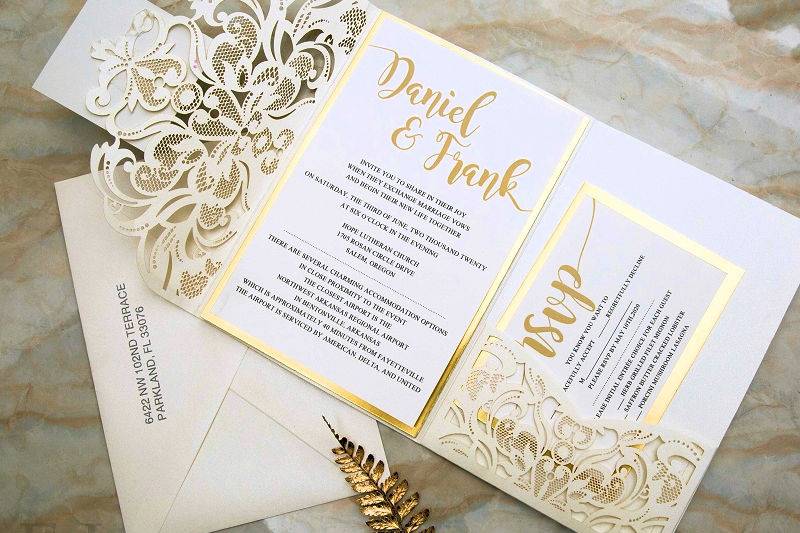 Ivory & Gold Laser Cut Pocket with envelope