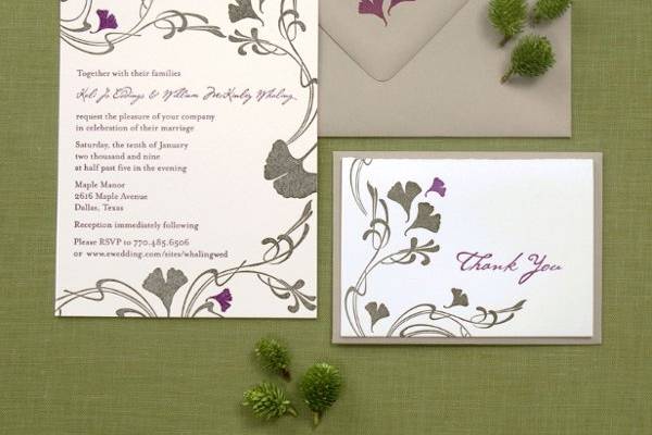 Art Nouveau inspired invitation with ginkgo leaves which can be changed to suit your event. In this version the bride and groom chose to include rsvp information directly on the invitation instead of printing a response card.
2-color invitation with printed return address on outside envelope. Letterpress printed on premium 100% cotton paper.