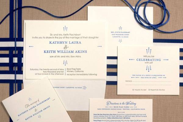 Classic design contrasts with modern typography.
2-color invitation with printed return address on outside envelope, reply card with printed return address on envelope. Single color directions card. Letterpress printed on premium 100% cotton paper.
