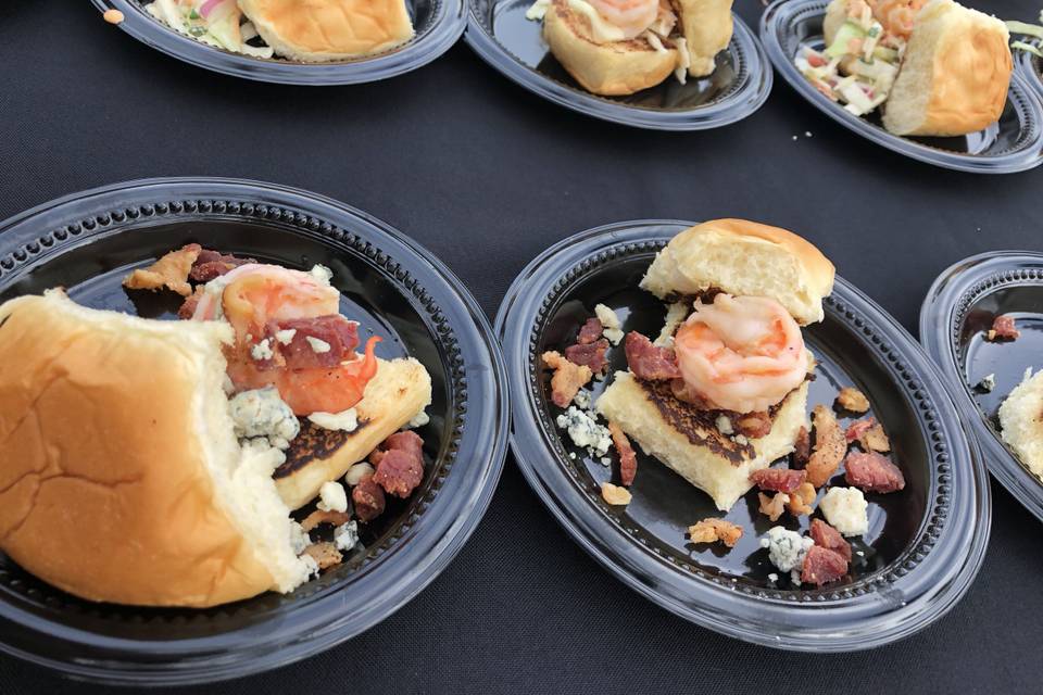Shrimp sliders w/ bacon and blue cheese crumble