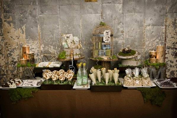 A woodlands-theme dessert table for a Manhattan loft wedding