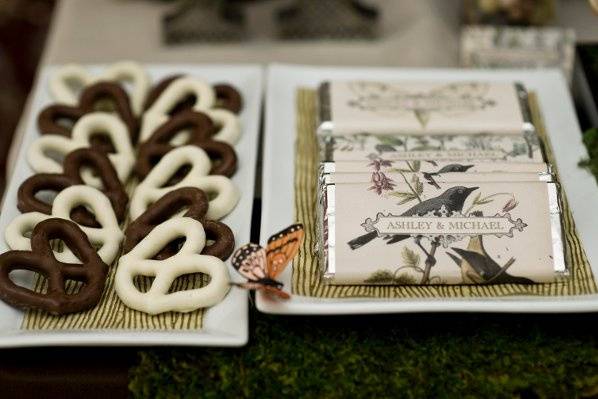 Custom designed chocolate bars, personalized with the bride and groom's name in any theme, genre or color story.