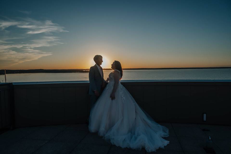 Married couple at sunset in WI