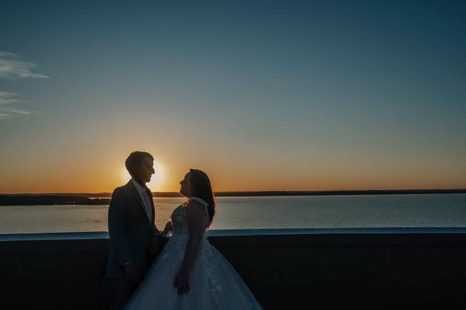 Married couple at sunset in WI