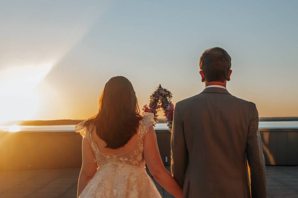 Married couple at sunset in WI