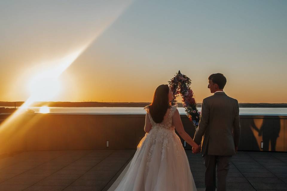 Married couple at sunset in WI