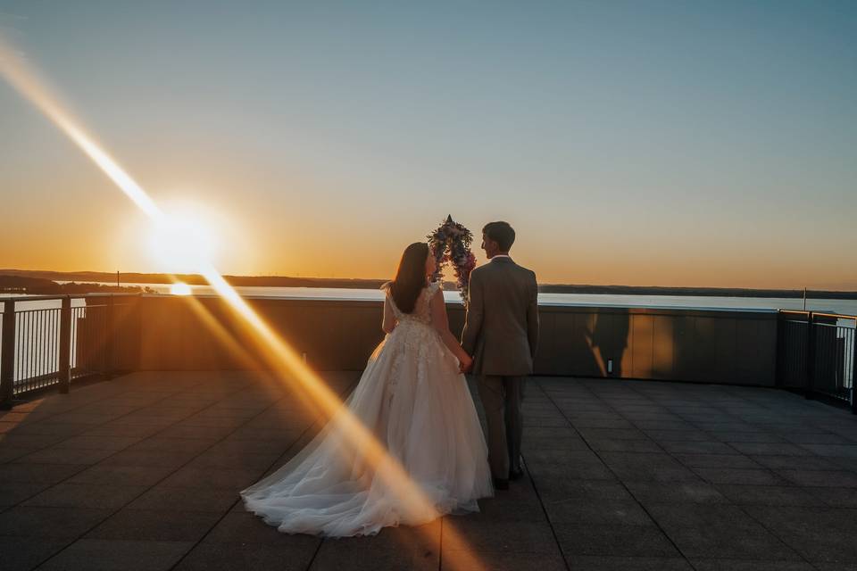 Married couple at sunset in WI