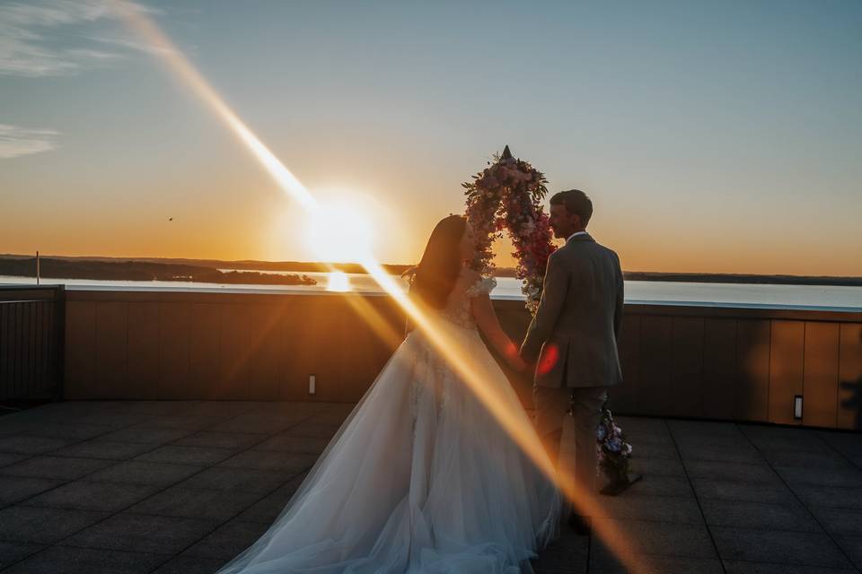 Married couple at sunset in WI