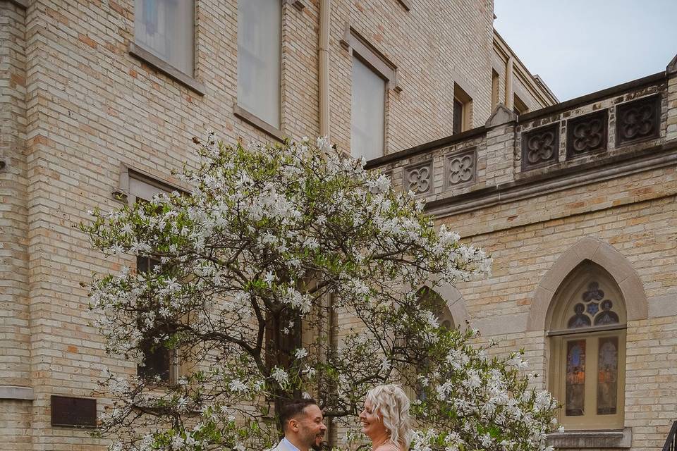 Married couple posed at church