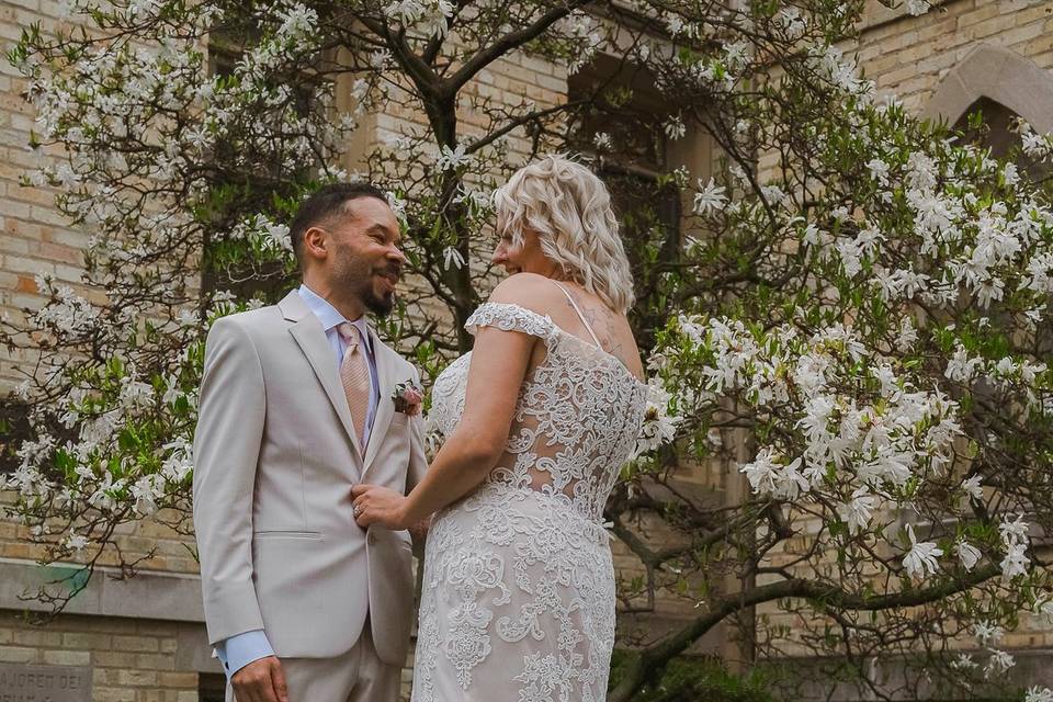 Married couple posed at church