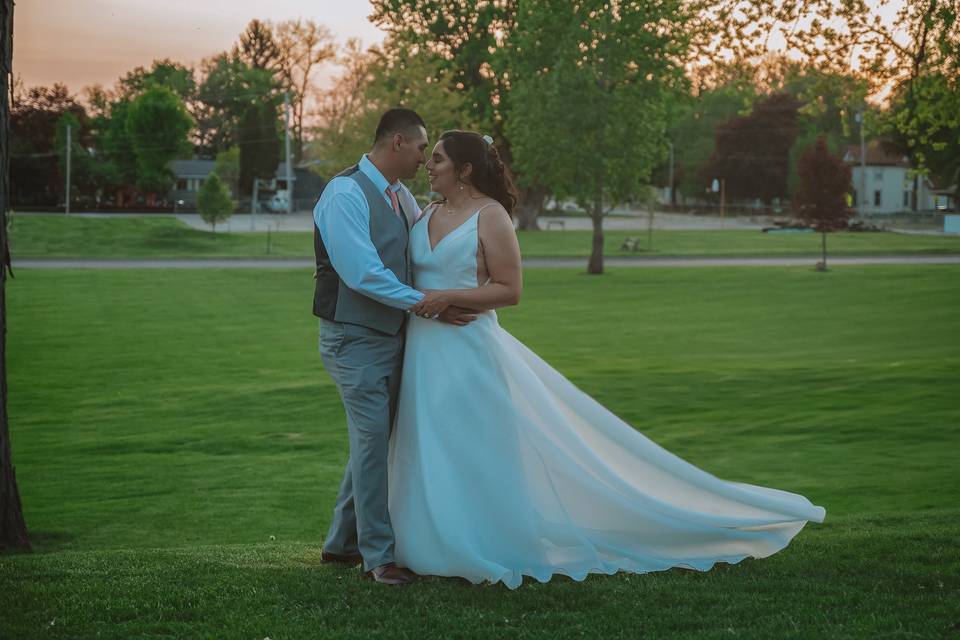 Bride and groom with train