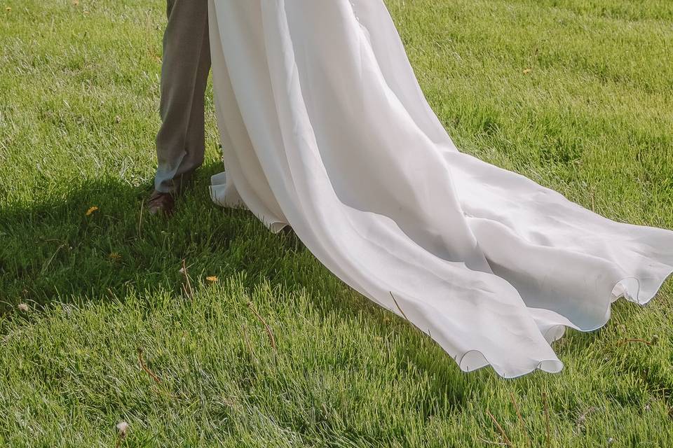 Bride and groom with lake