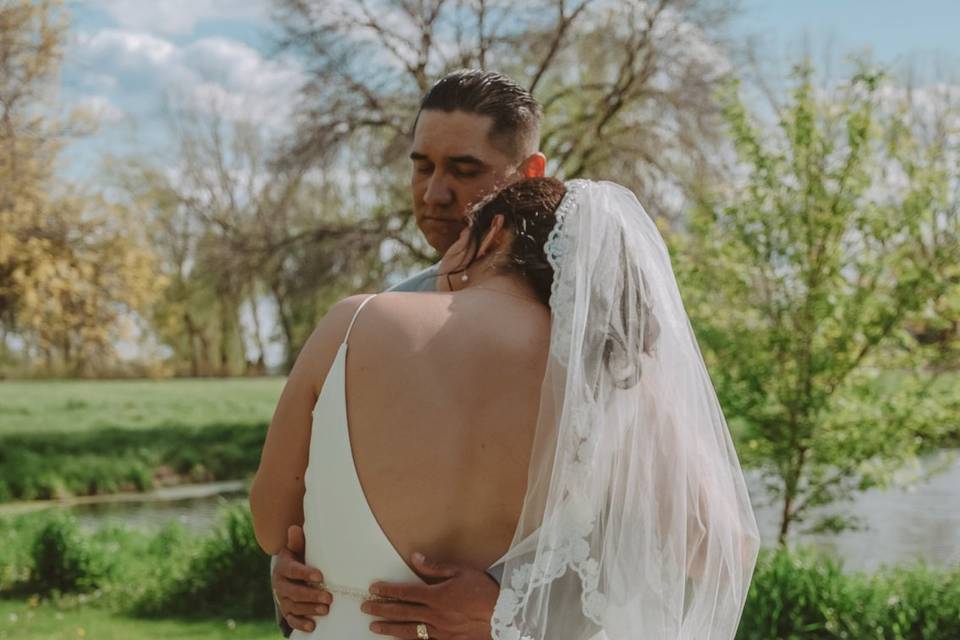 Bride and groom with train