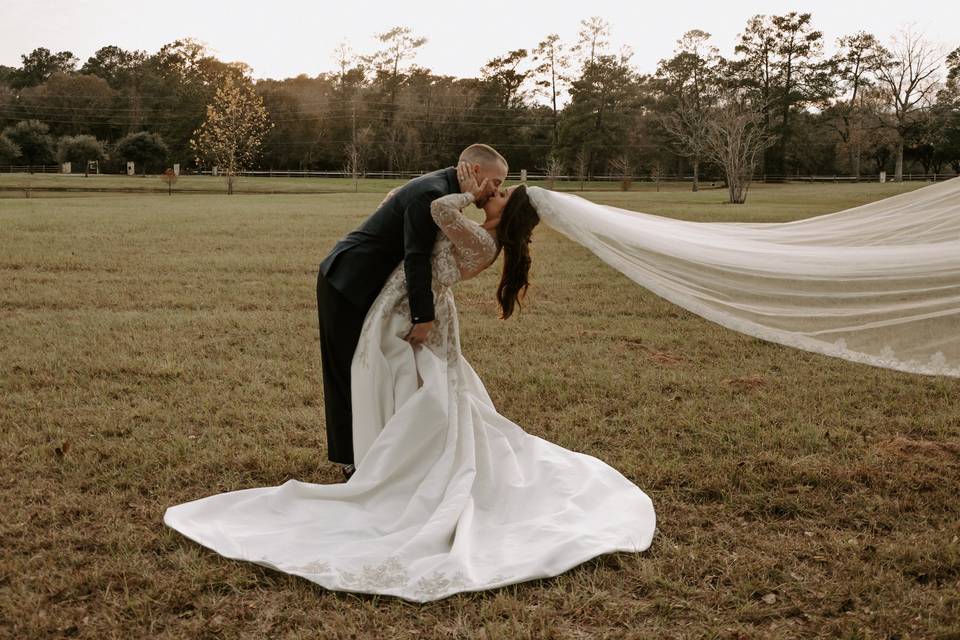 Newlyweds kiss and veil magic