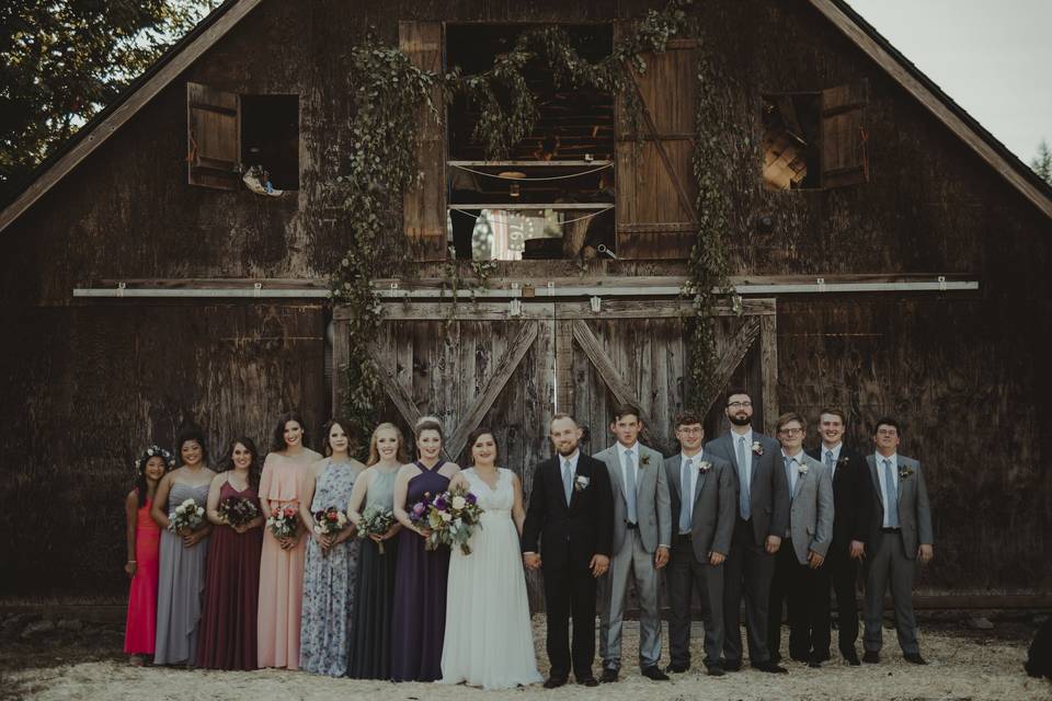 Newlyweds, bridesmaids, and groomsmen