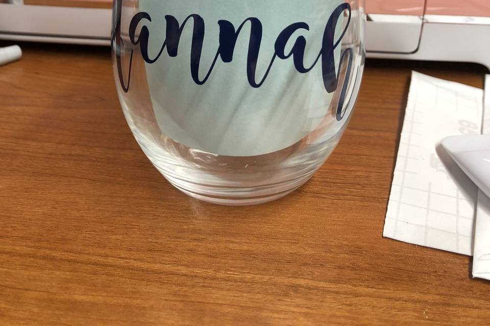 Personalized stempless wine glass.