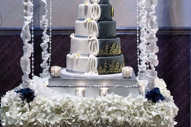 Two-sided wedding cake on swing
