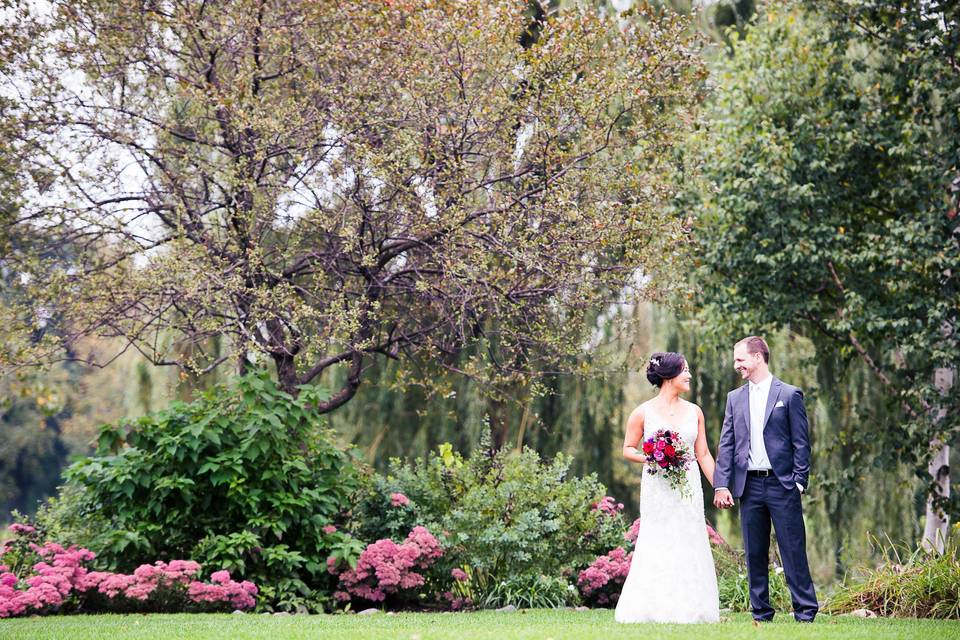 Happy couple during spring wedding